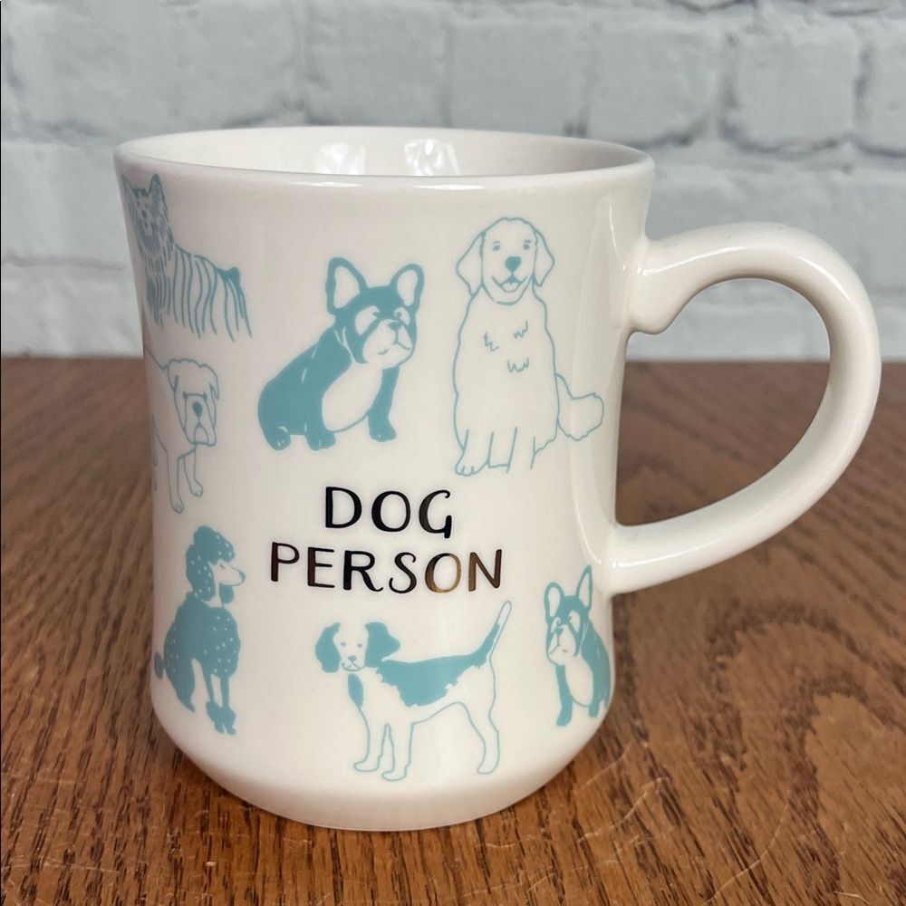 Opal House Dog Person Ceramic Mug - White and Turquoise Blue w/gold letters